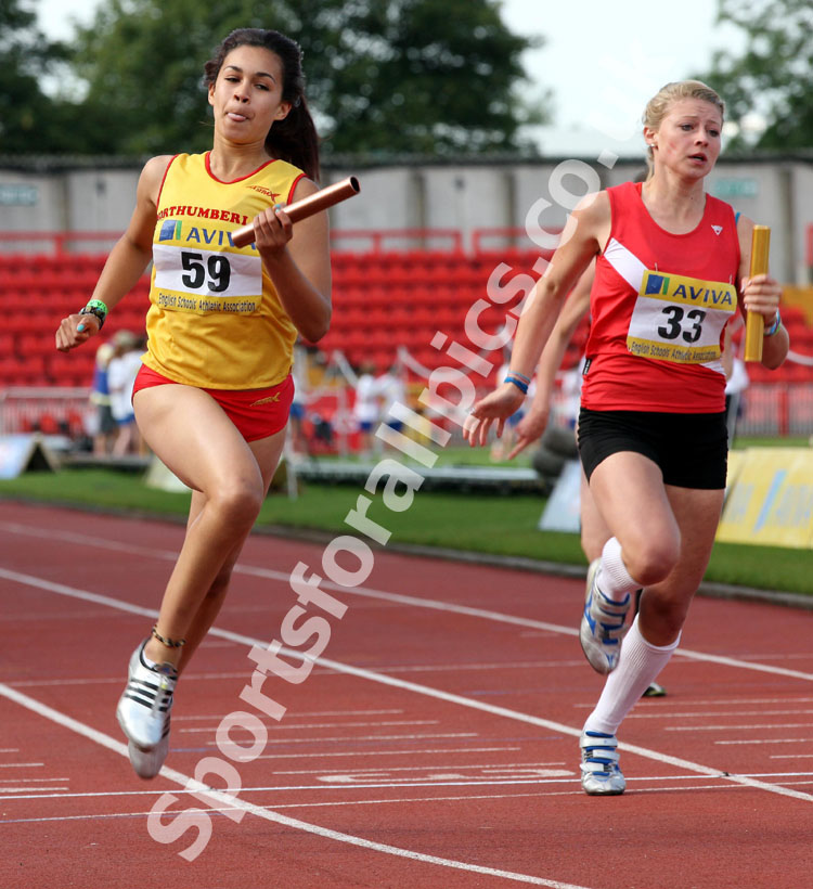 Sydney Robertson brings Northumberland home first in the Junior Girls 4x100 metres relay at the 2011 Aviva English Schools' 81st Track and Field Championships, Gateshead International Stadium